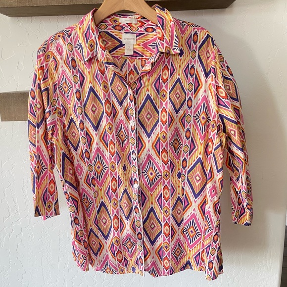 Chico’s| Boho Linen Long Sleeve Blouse, No-Iron Fabric—Size 2•••Lagenlook - Picture 1 of 16